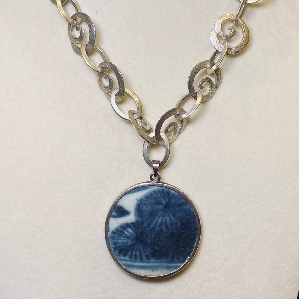 Hand made Sterling Silver OOAK Upcycled Japanese Pottery Pendant and Chain